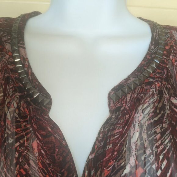 -Semi Sheer Long Sleeve Red Pink Printed Tunic Blouse Size Large - Picture 4 of 5